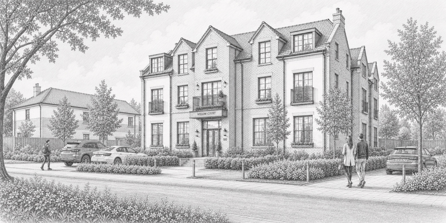 Black-and-white illustration of apartments and landscaped streets at Northgate Civic Quarter