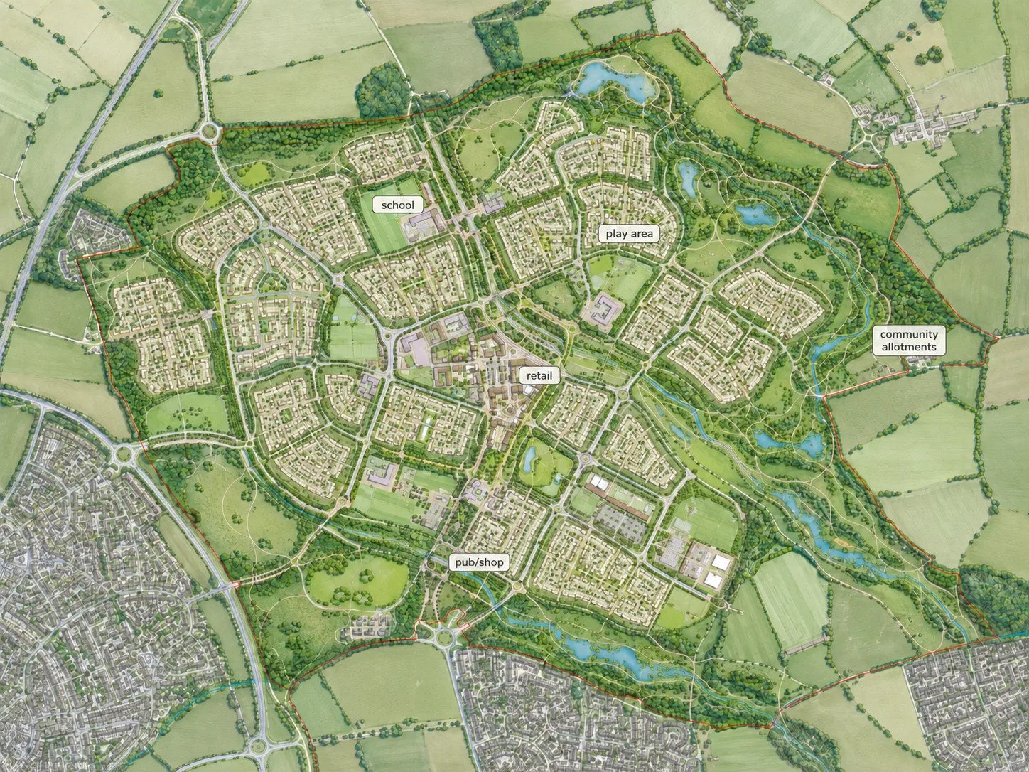Illustrated Northgate Civic Quarter masterplan showing homes, routes and green spaces