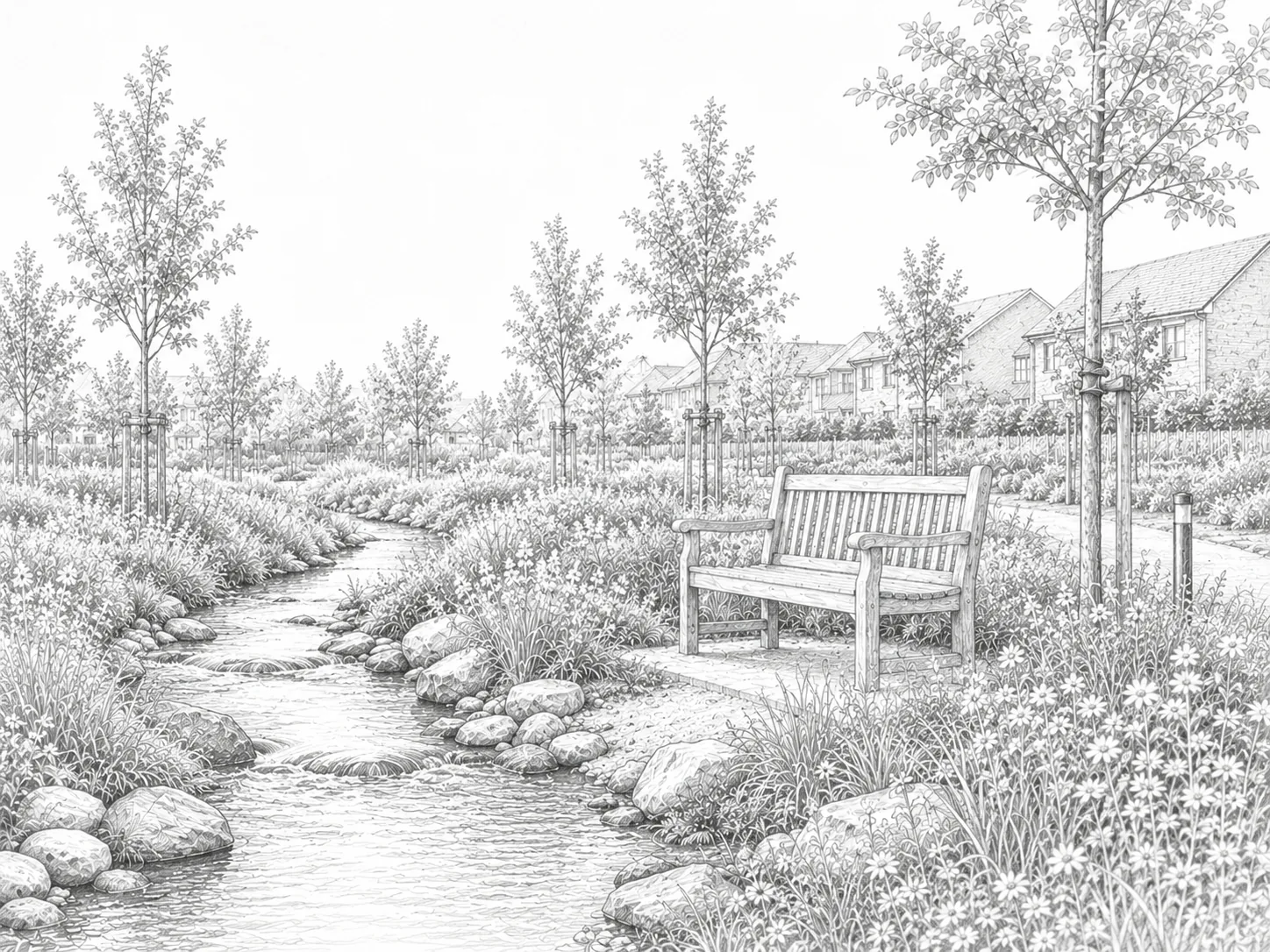 Illustrative streamside seating and planting at Northgate Civic Quarter